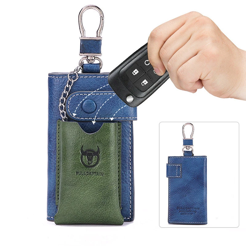 BULLCAPTAIN Genuine Leather Mens Keycase Portable Car Keychain Storage Key Holder Fashion Color Block Design Housekeeper Stand Stylish Compact Key Bag (image for) BULLCAPTAIN Genuine Leather Mens Keycase Portable Car Keychain Storage Key Holder Fashion Color Block Design Housekeeper Stand Stylish Compact Key Bag